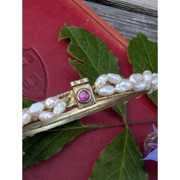 Vintage Gold Vermeil Pearl and Ruby Bangle Bracelet, Sterling Dowry Bracelet - Picture 3 of 10